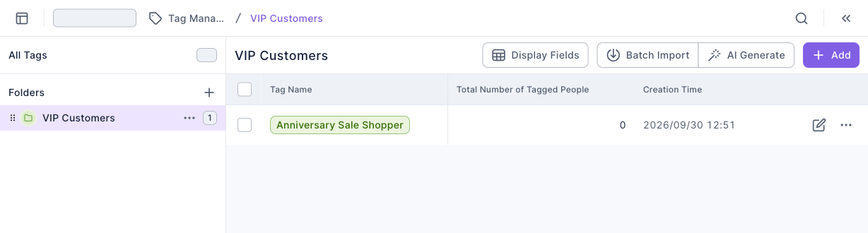 The Tag Management page: the VIP Customers folder is selected on the left, and the list on the right has one tag, Anniversary Sale Shopper, with 0 tagged people; Display Fields, Batch Import, AI Generate and Add buttons are in the top-right corner