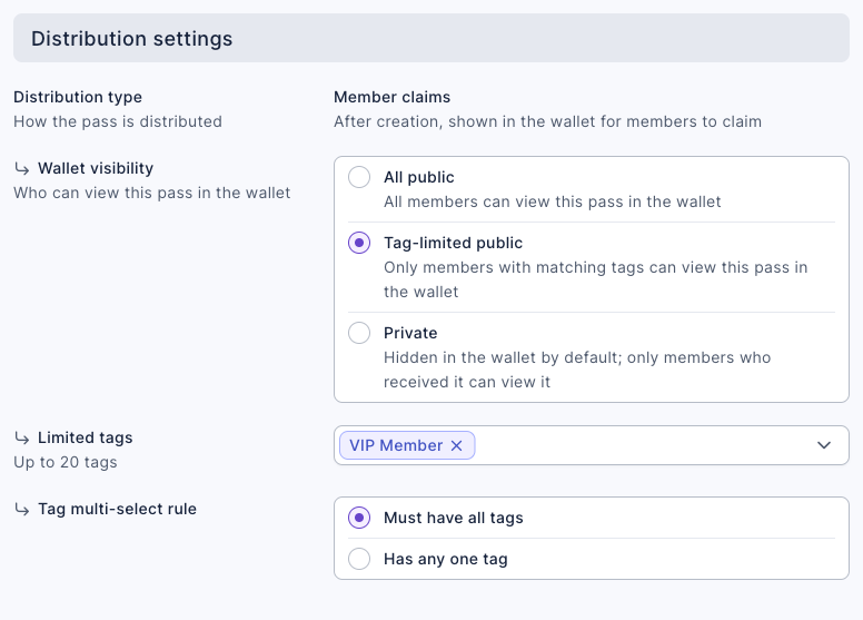Distribution settings of the pass: Distribution type Member claims; Wallet visibility set to Tag-limited public, Limited tags "VIP Member", and Tag multi-select rule set to Must have all tags