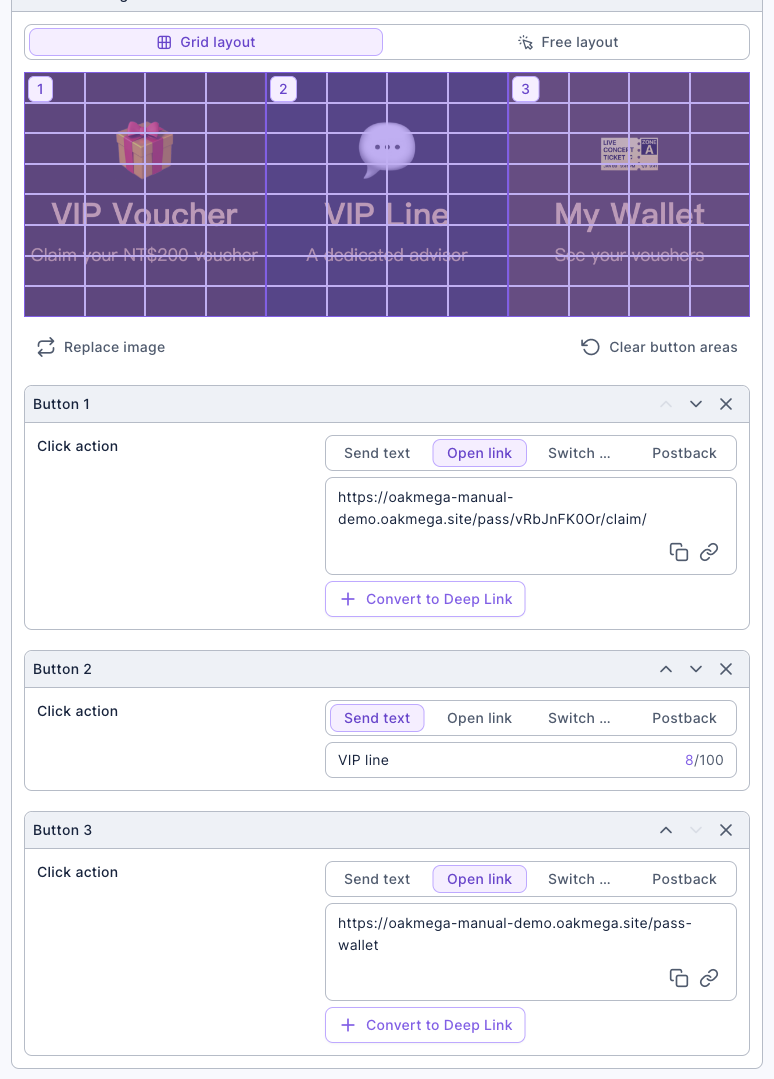 Content settings of the segmented Richmenu: Grid layout, the image split into three buttons, VIP Voucher, VIP Line and My Wallet; Button 1 opens the pass claim link, Button 2 sends the text "VIP line", Button 3 opens the wallet link