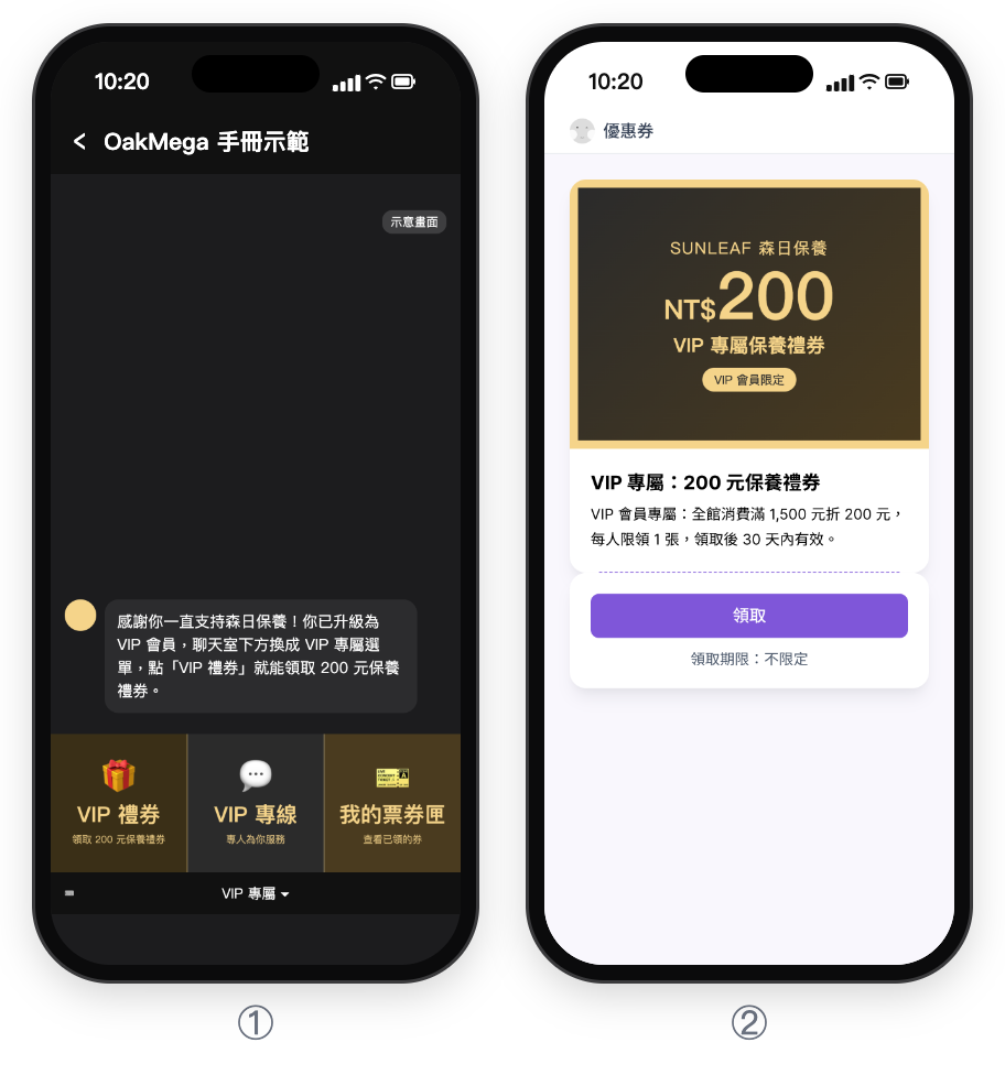 ① 示意畫面:LINE 聊天室收到「你已升級為 VIP 會員,聊天室下方換成 VIP 專屬選單」的訊息,下方是 VIP 禮券、VIP 專線、我的票券匣三格選單,選單列寫 VIP 專屬;② 手機上的優惠券頁:VIP 專屬:200 元保養禮券,全館消費滿 1,500 元折 200 元,每人限領 1 張,領取後 30 天內有效,下方是領取按鈕與領取期限不限定