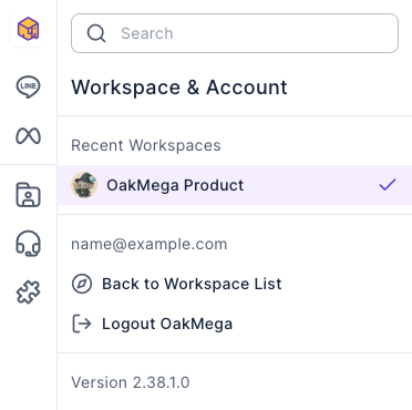 The Workspace & Account menu: Recent Workspaces lists OakMega Product with a check mark, followed by the login email, Back to Workspace List, Logout OakMega and the version number